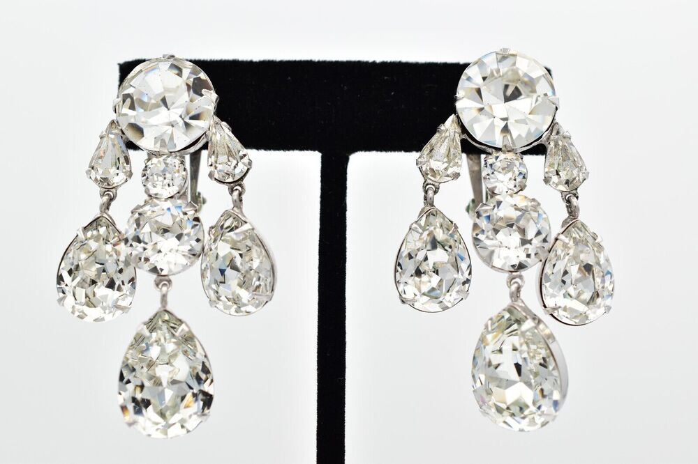 Vintage Crystal Clip On Earrings Rhinestone Prong Sparkling Chunky 1980s BinAR
